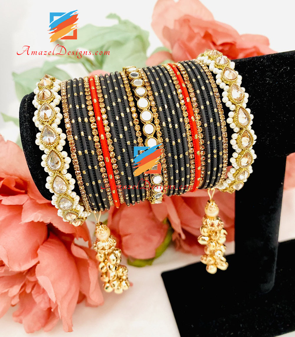 Latkan Ghungroo Polki Black Red Sheesha Bangles Set