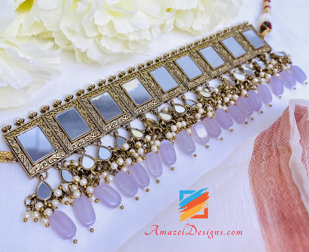 Lavender (Purple) Sheesha Choker Jhumki Earrings Set