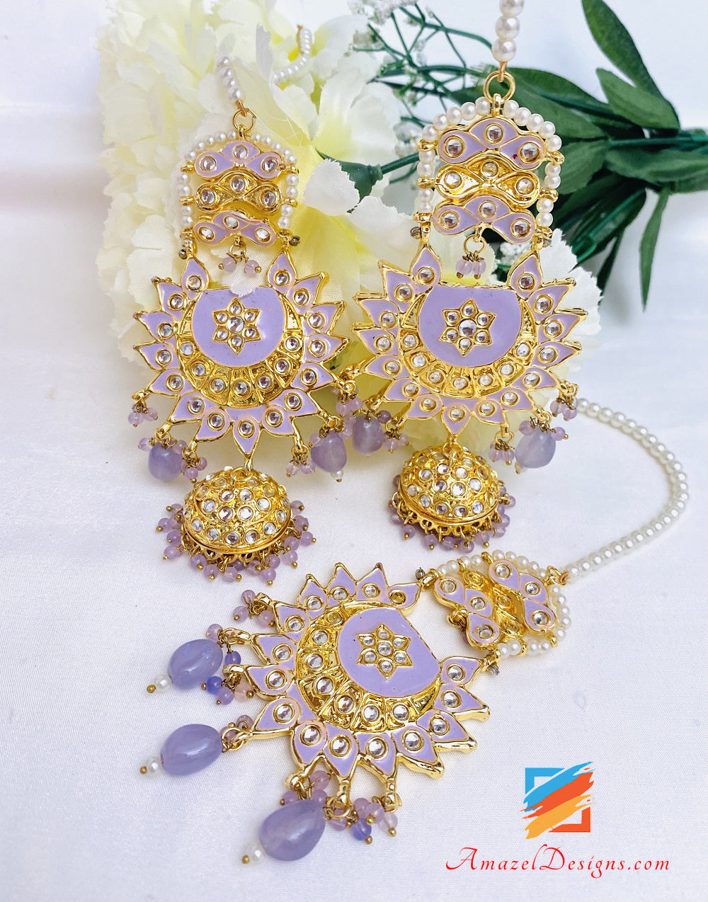 Lavender Light Purple Mauve Kundan Chandbali Jhumki Earrings Tikka