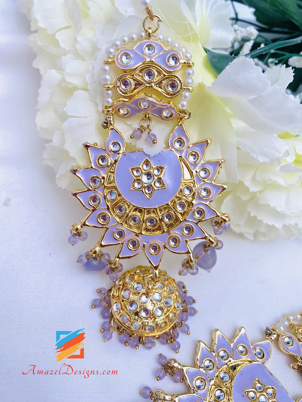 Lavender Light Purple Mauve Kundan Chandbali Jhumki Earrings Tikka Set
