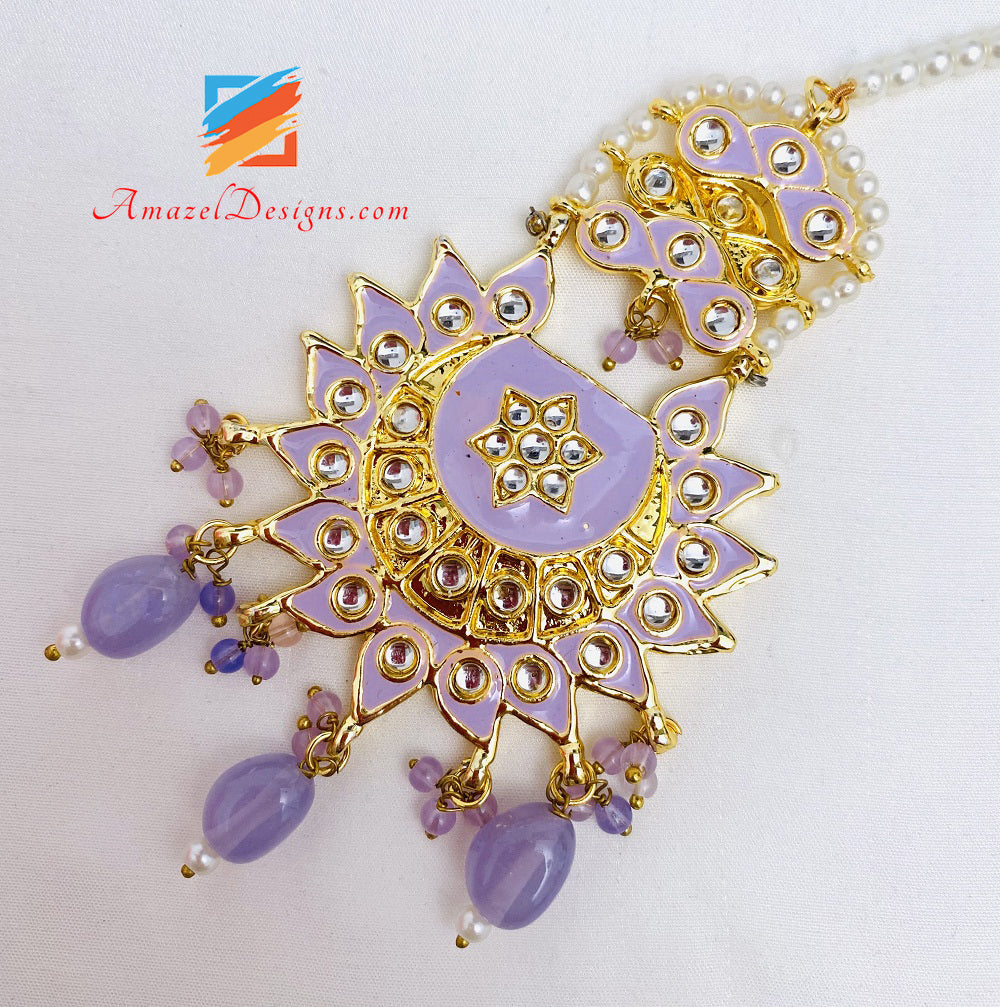 Lavender Light Purple Mauve Kundan Chandbali Jhumki Earrings Tikka Set