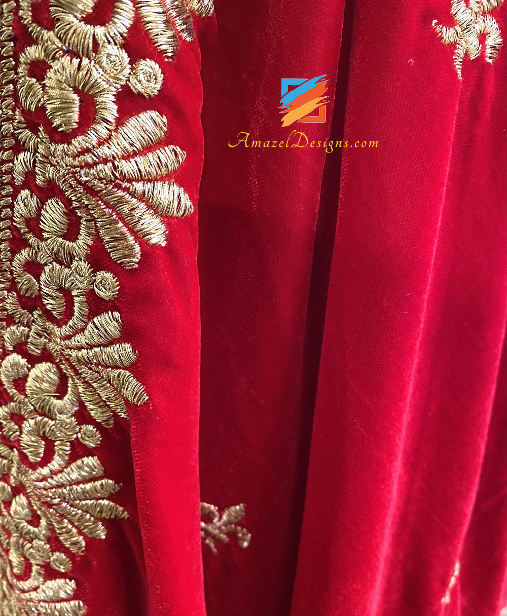 Less Width Red Golden Tilla Work Velvet Stole Shawl