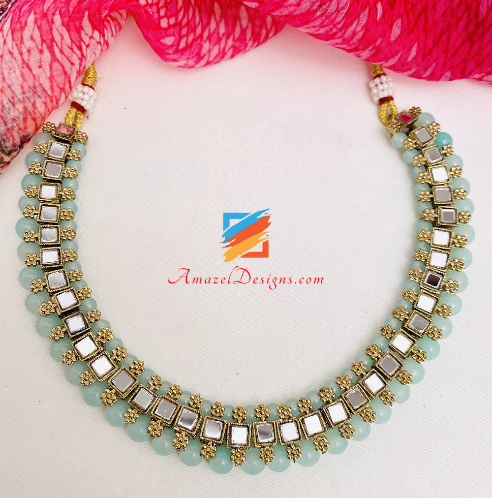 Light Feerozi Mirror Single Line Choker Necklace Studs Tikka Set