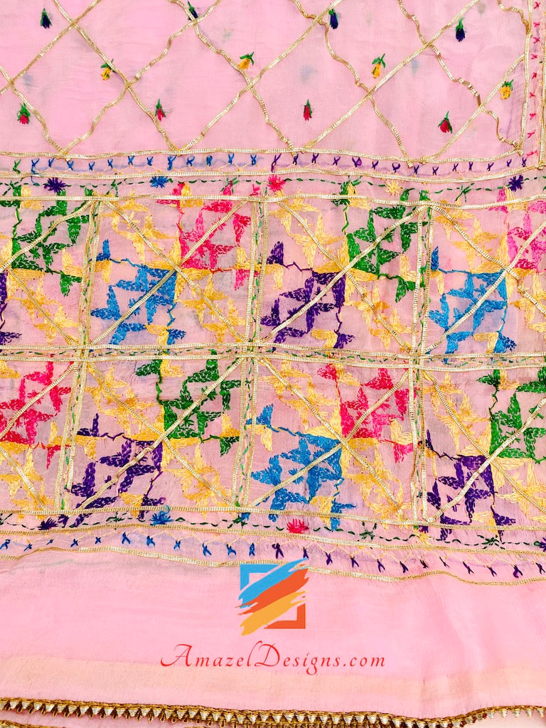 Fulkari Aarri rosa chiaro Lavora tutto con pizzo Samosa