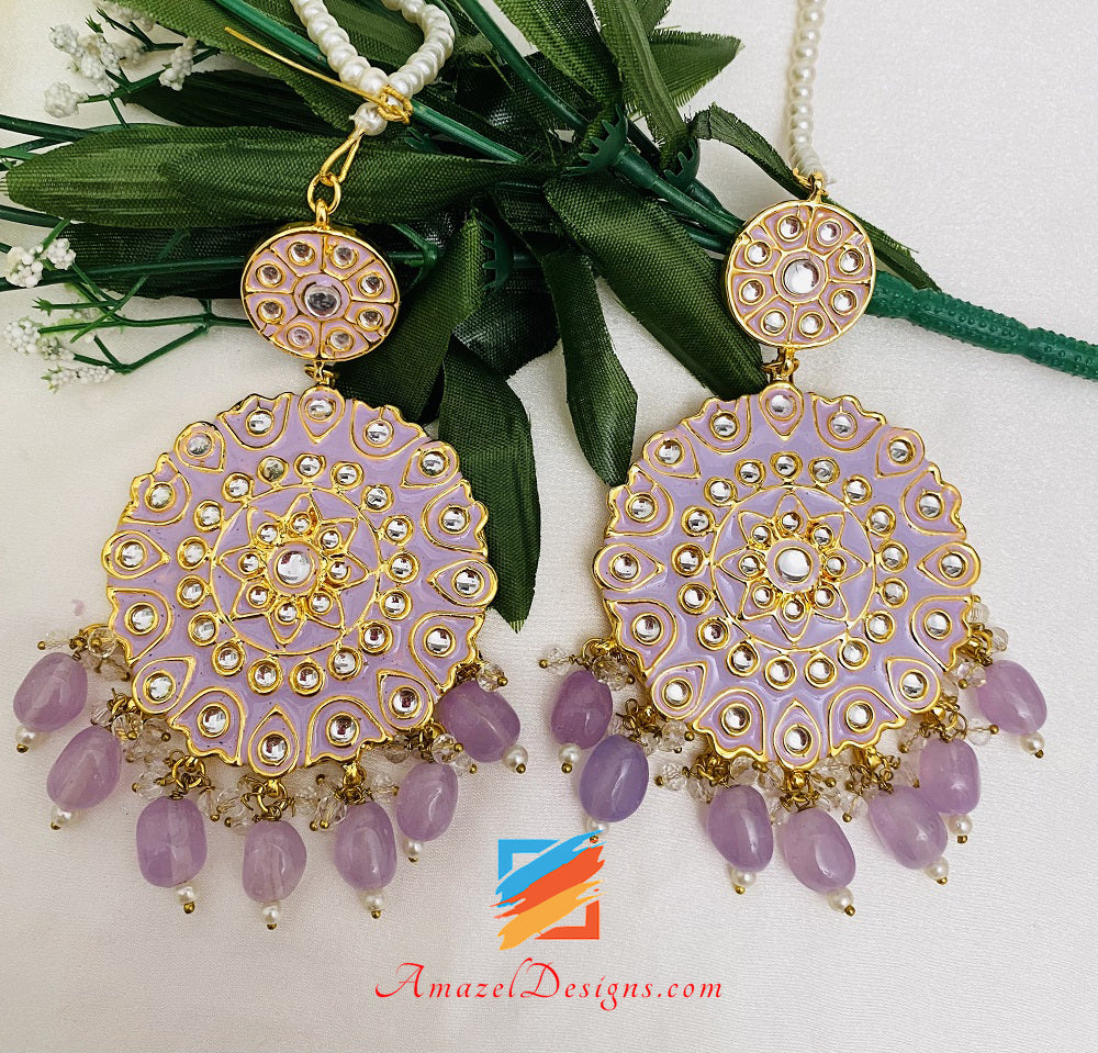 Light Purple Lavender Mauve Kundan Earrings Tikka Set