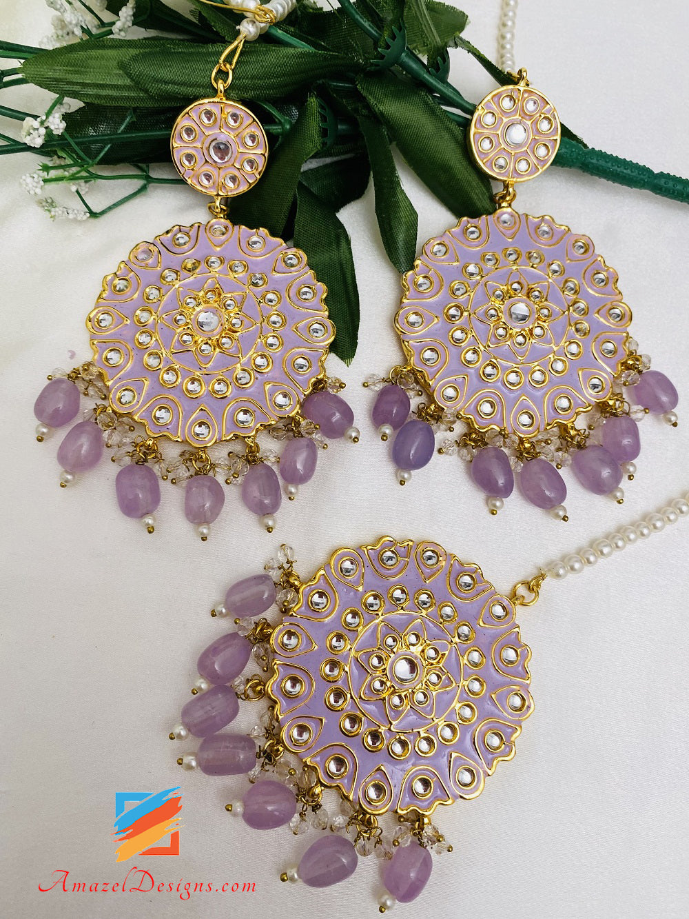 Helllila Lavendel Mauve Kundan Ohrringe Tikka Set