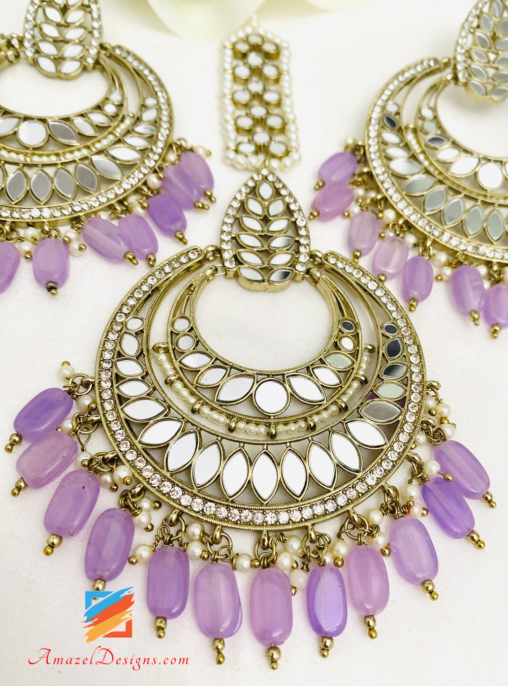 Light Purple Lavender Mirror Oversized Earrings Tikka Set