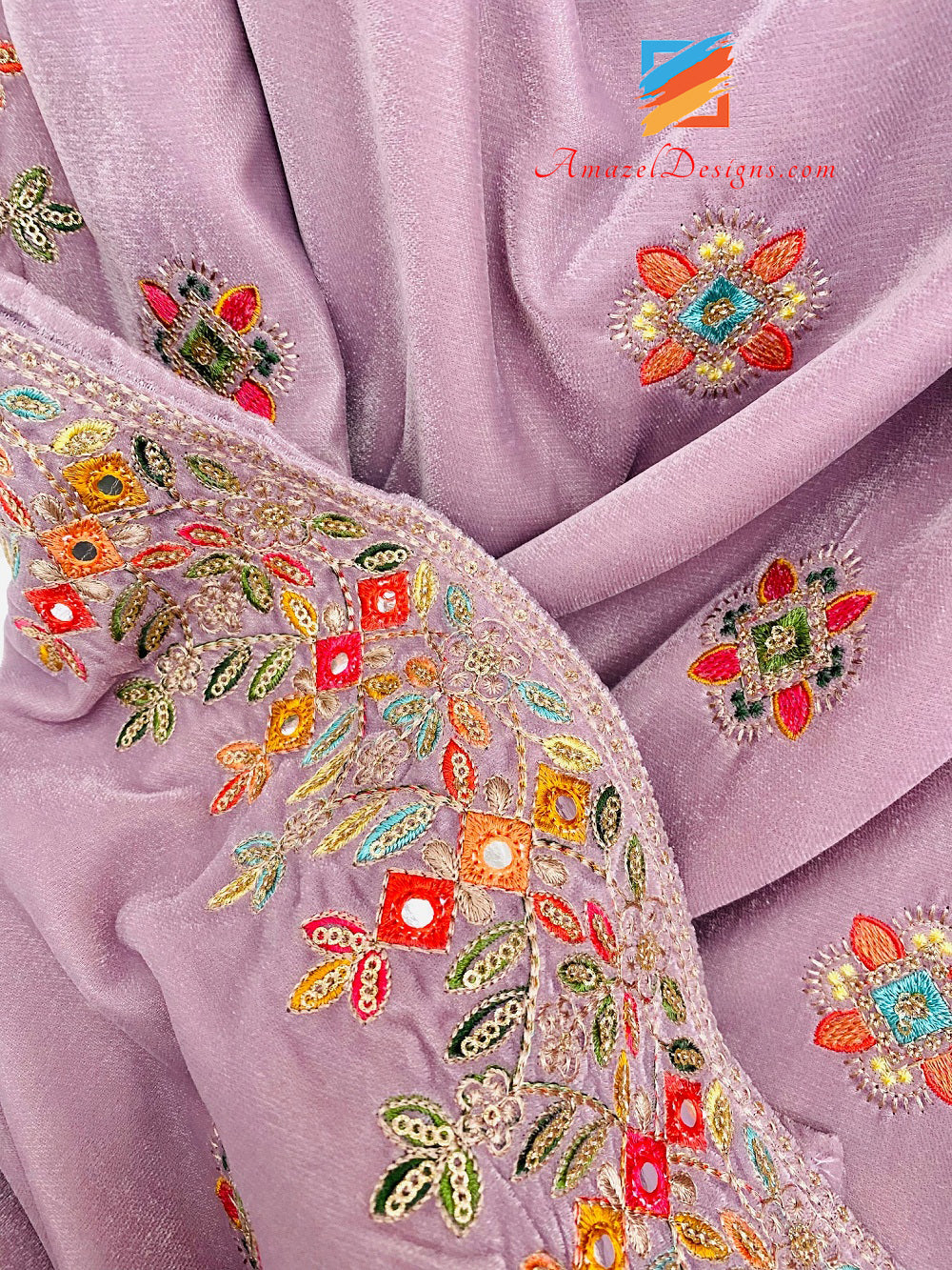 Light Purple Thread Tilla Mirror Velvet Shawl