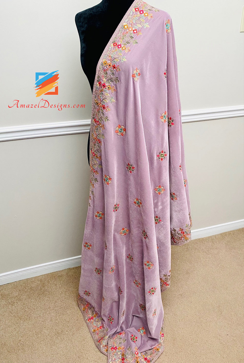 Light Purple Thread Tilla Mirror Velvet Shawl