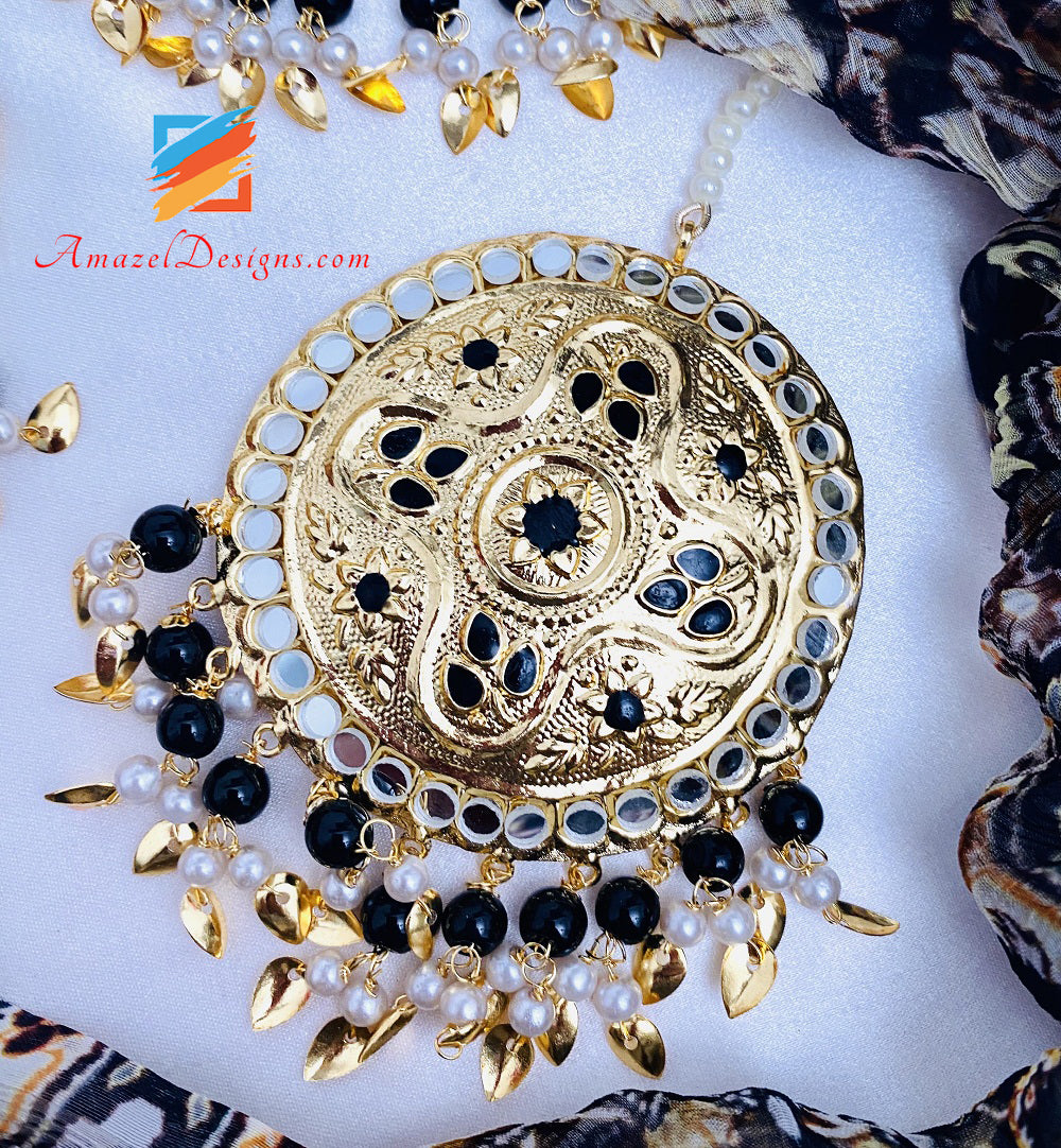 Lightweight Black Pippal Patti Mirror Oversized Earrings Tikka Set