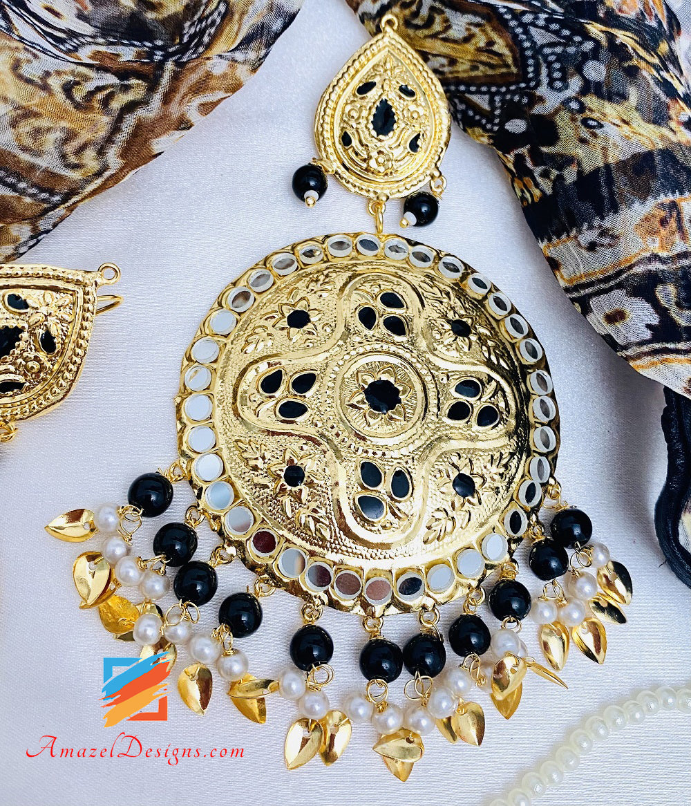 Lightweight Black Pippal Patti Mirror Oversized Earrings Tikka Set