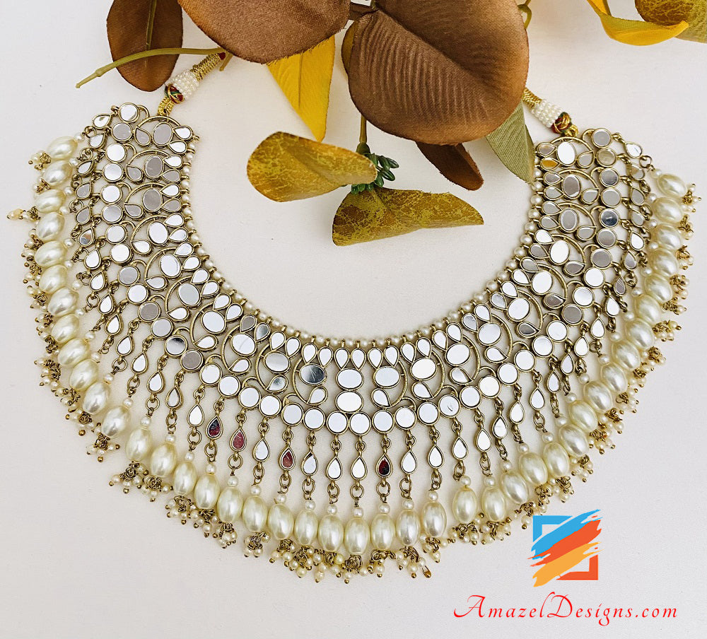 Lightweight Flexible Dull Gold Mirror Necklace Oversized Earrings Tikka Set