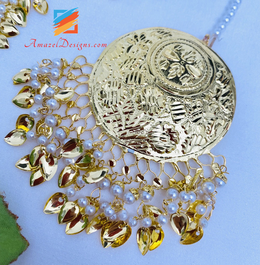 Lightweight Golden Traditional Pippal Patti Earrings Tikka Set