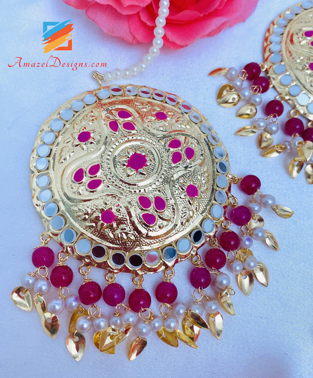 Leggero Sheesha Hot Pink Magenta Pippal Patti Orecchini oversize Set Tikka.