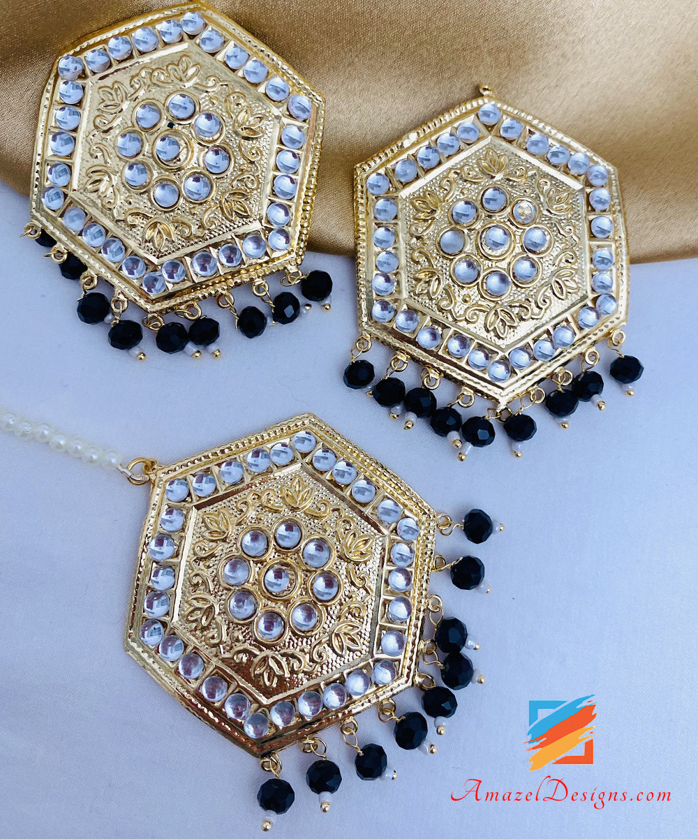 Lightweight Kundan Black Choker Necklace Studs Earrings Tikka Set