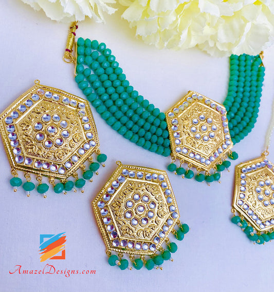 Lightweight Kundan Green Choker Necklace Studs Earrings Tikka Set
