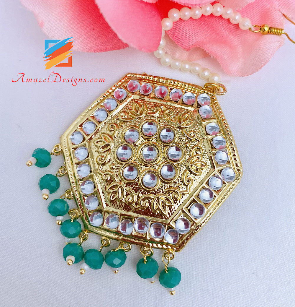 Lightweight Kundan Green Choker Necklace Studs Earrings Tikka Set