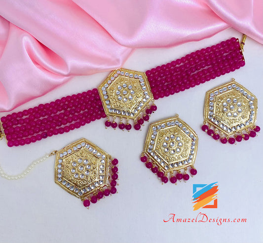 Lightweight Kundan Hot Pink Magenta Choker Necklace Studs Earrings Tikka Set