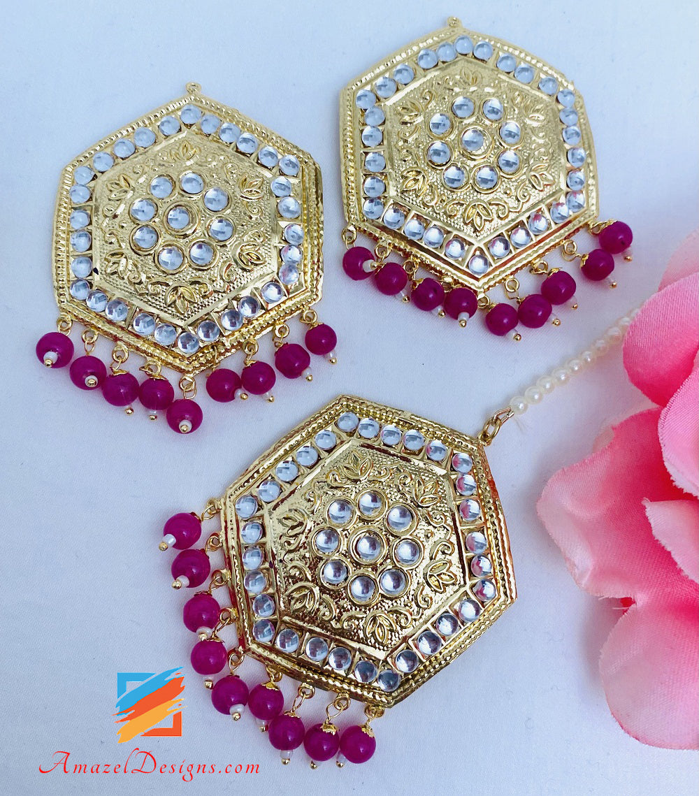 Leggero Kundan Hot Pink Magenta Girocollo Collana Orecchini Orecchini Tikka Set