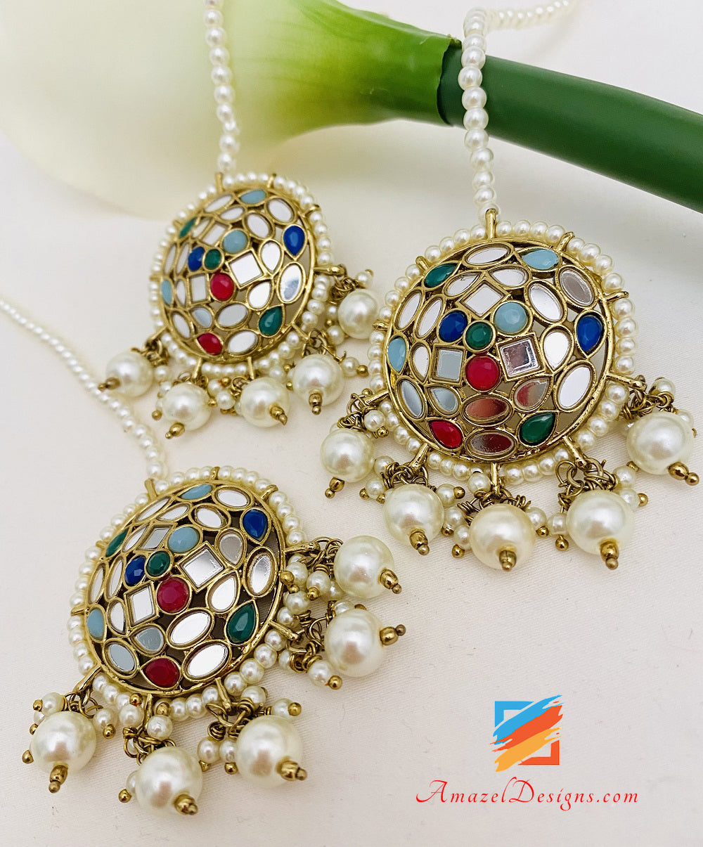 Lightweight Multicoloured Mirror Studs Earrings Tikka Set