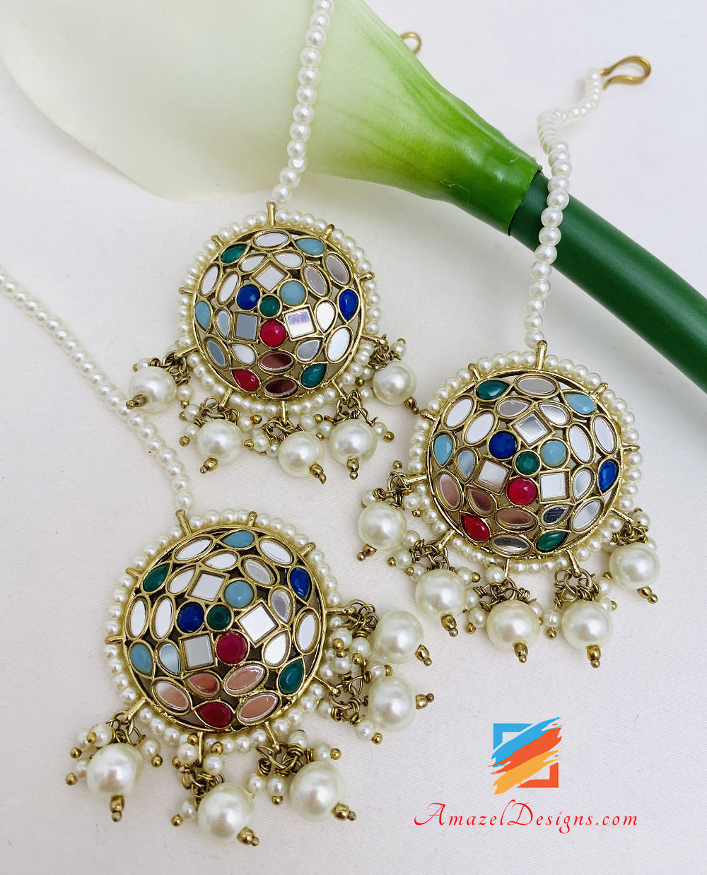 Lightweight Multicoloured Mirror Studs Earrings Tikka Set