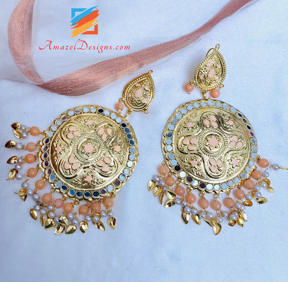 Lightweight Sheesha Peach Pipal Patti Oversized Earrings Tikka Set