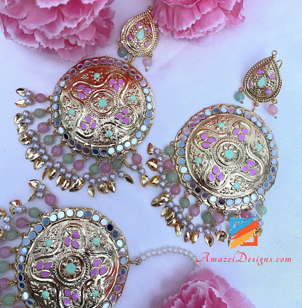 Set Tikka con orecchini oversize a specchio Pippal Patti rosa menta leggero