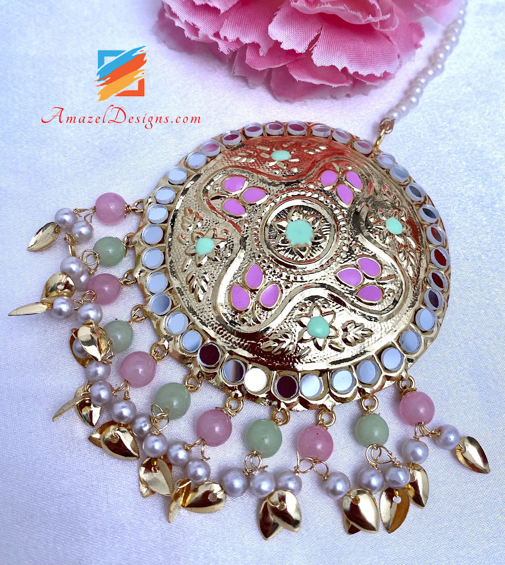 Set Tikka con orecchini oversize a specchio Pippal Patti rosa menta leggero