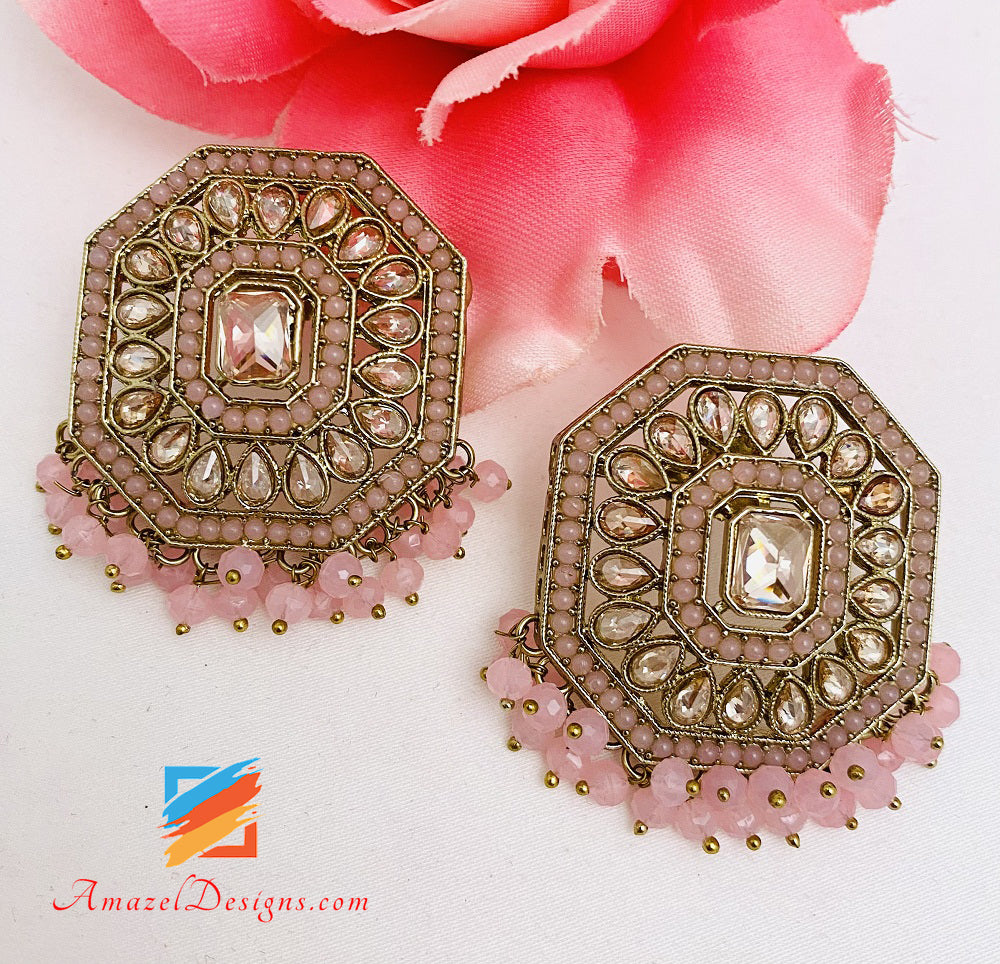 Lightweight Pink Polki Studs Earrings Tikka Set