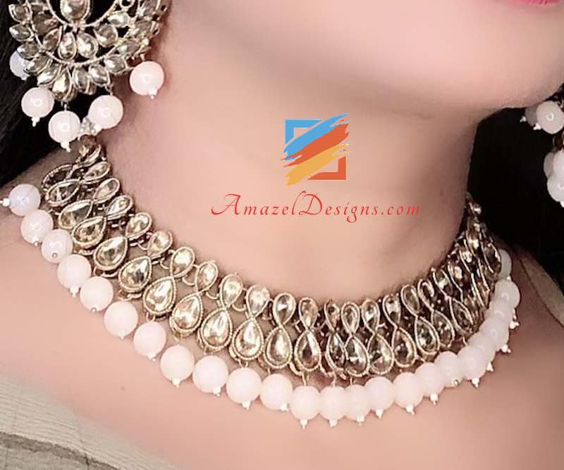 Lightweight Pinkish Peach Beads Necklace Earring Tikka set