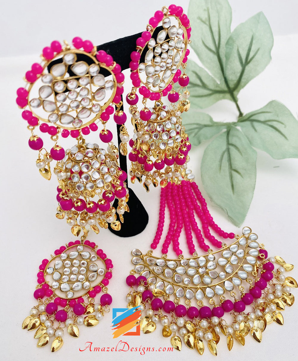 Leggero Pippal Patti Hot Pink Magenta Jhumka Orecchini Tikka Passa Set
