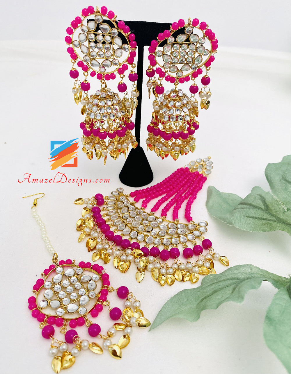 Lightweight Pippal Patti Hot Pink Magenta Jhumka Earrings Tikka