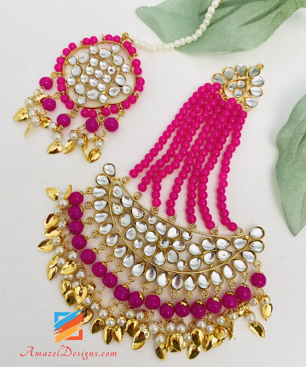 Leggero Pippal Patti Hot Pink Magenta Jhumka Orecchini Tikka Passa Set