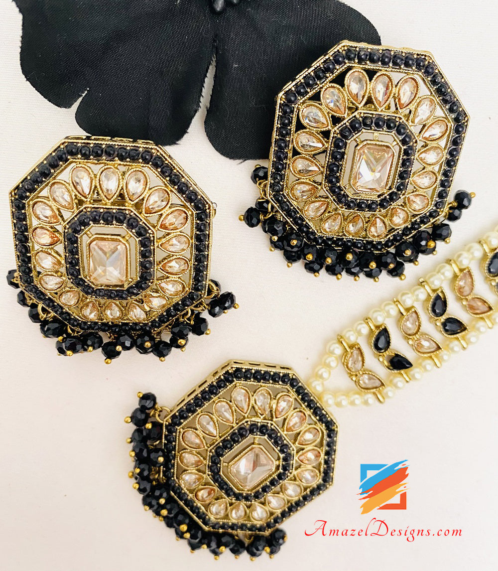Lightweight Polki Black Studs Earrings Tikka Set
