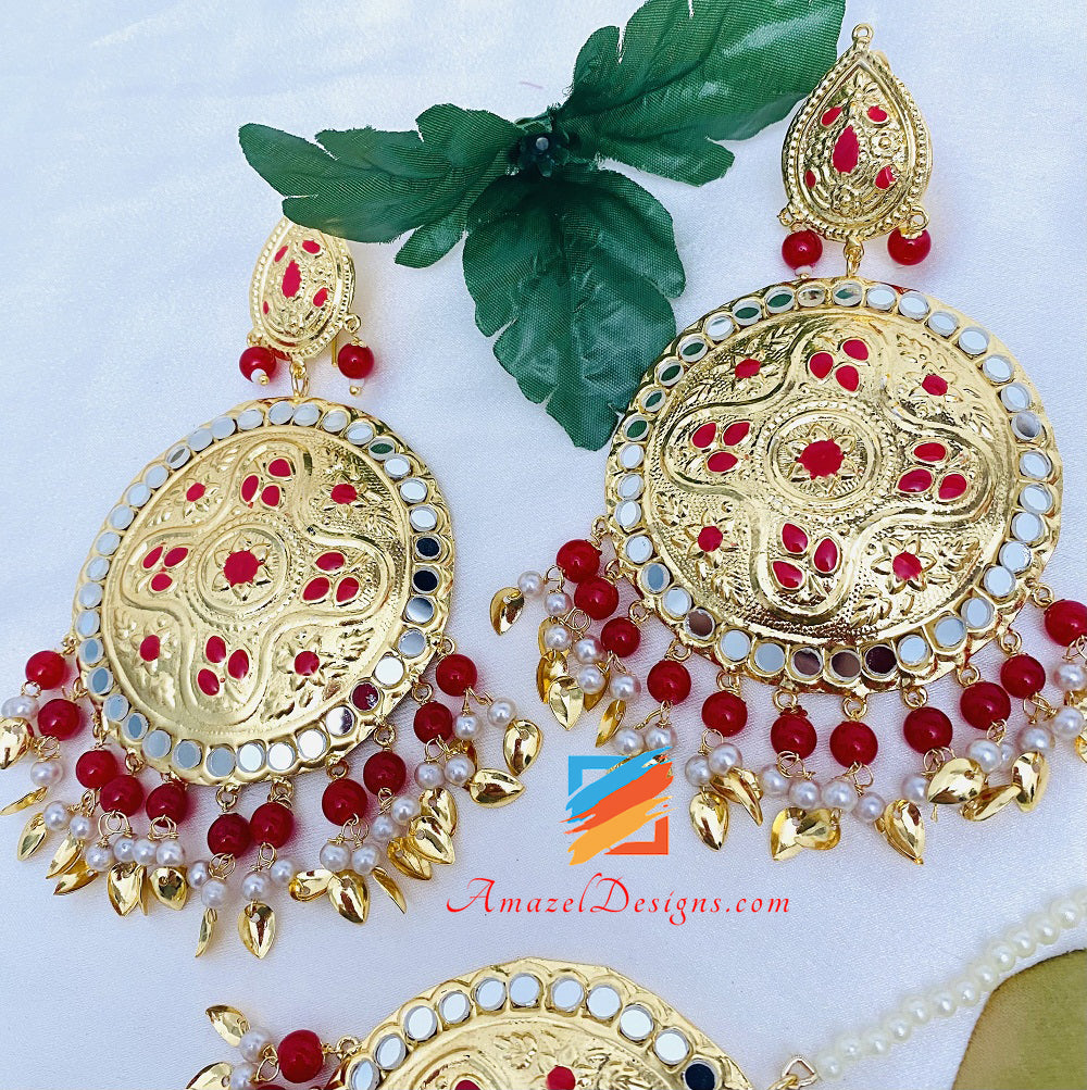 Lightweight Red Mirror Pippal Patti Oversized Earrings Tikka Set
