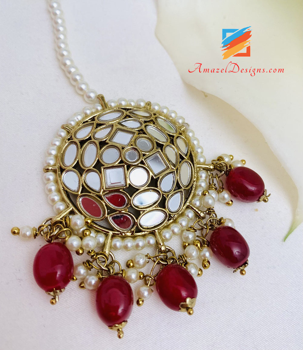 Lightweight Ruby Maroon Mirror Studs Earrings Tikka Set