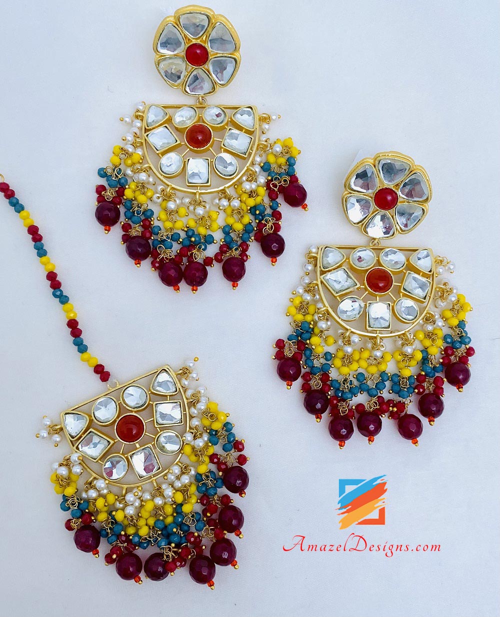 Lightweight Ruby (Maroon) Kundan Earrings Tikka Set