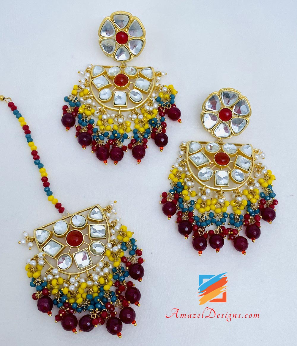 Lightweight Ruby (Maroon) Kundan Earrings Tikka Set