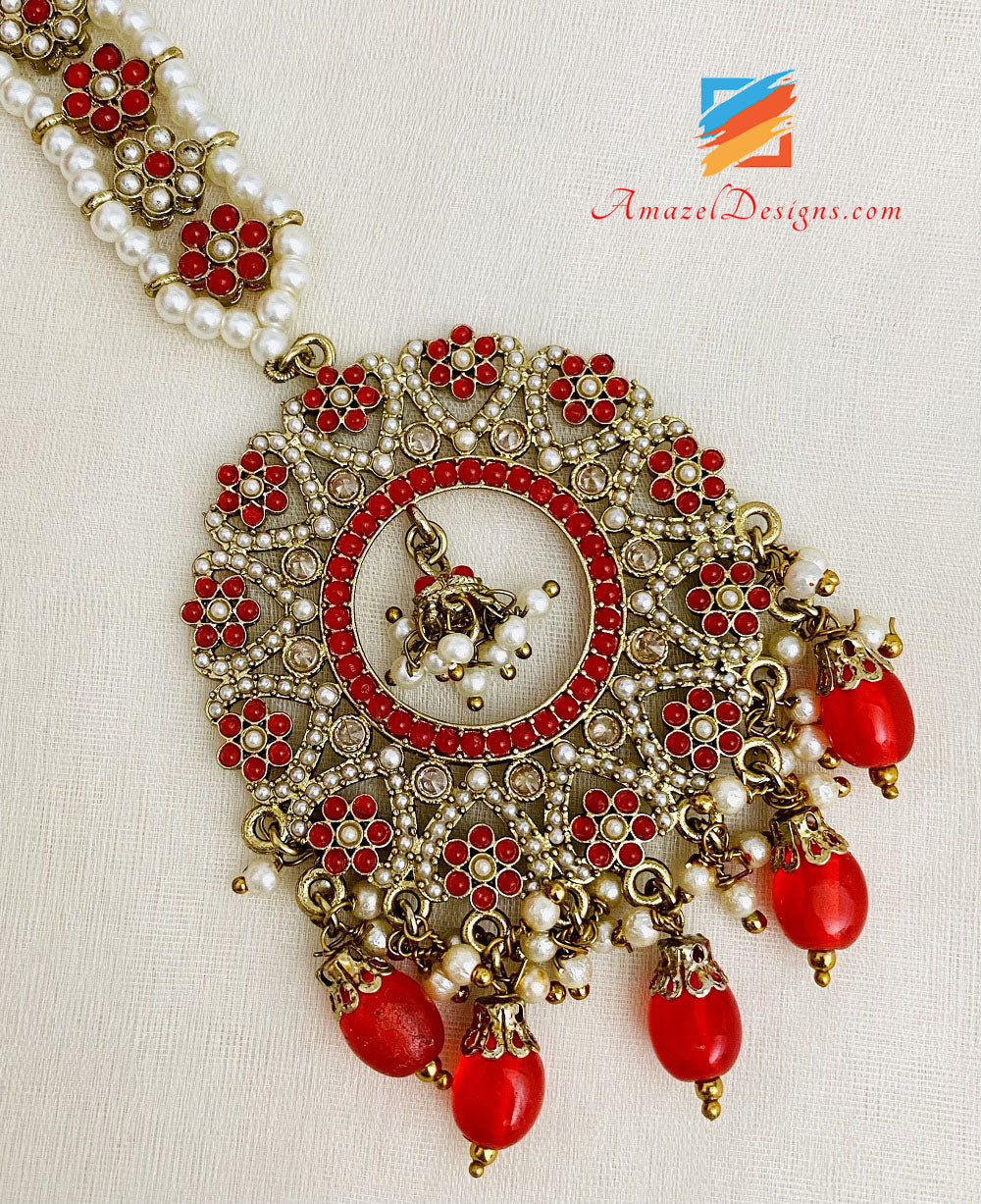 Lightweight Full Of Beads Red Earrings Tikka Set