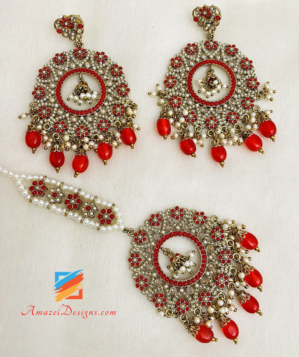 Lightweight Full Of Beads Red Earrings Tikka Set