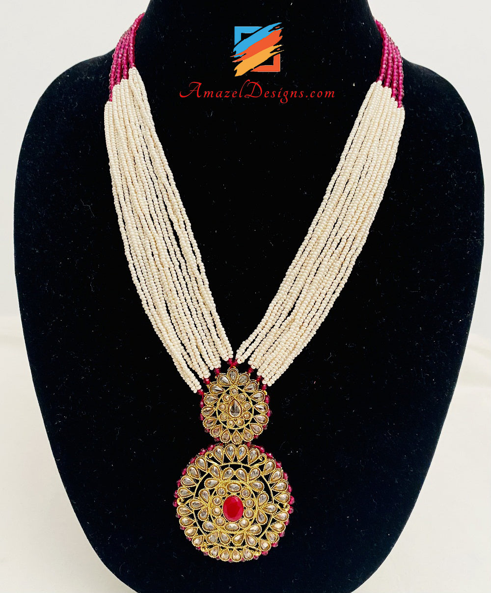 Long Mala Rani Haar Hot Pink Magenta Polki Earrings Tikka Set