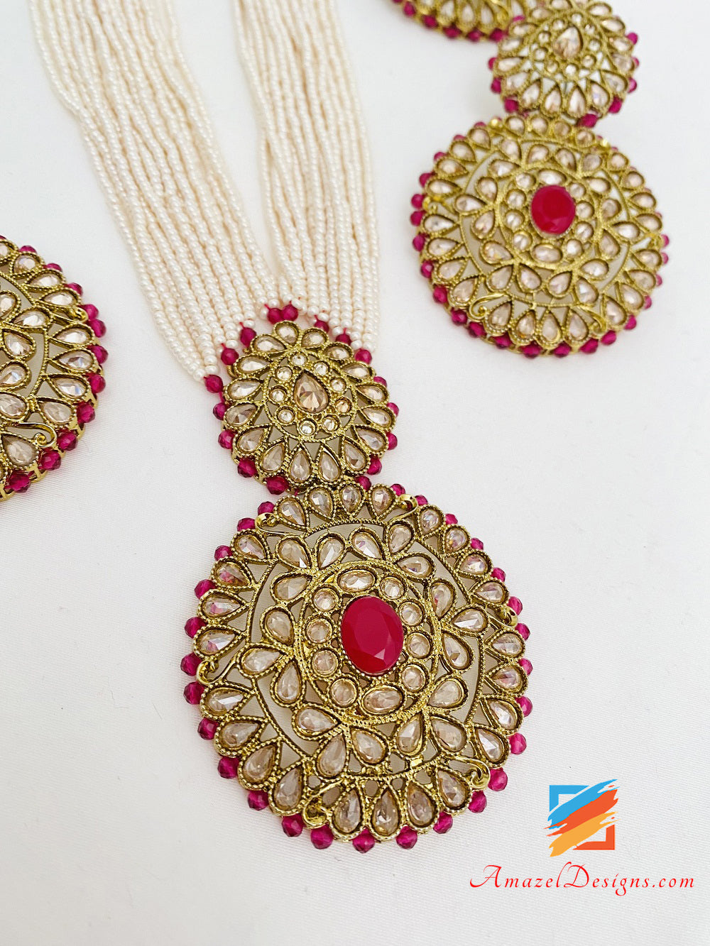 Long Mala Rani Haar Hot Pink Magenta Polki Earrings Tikka Set