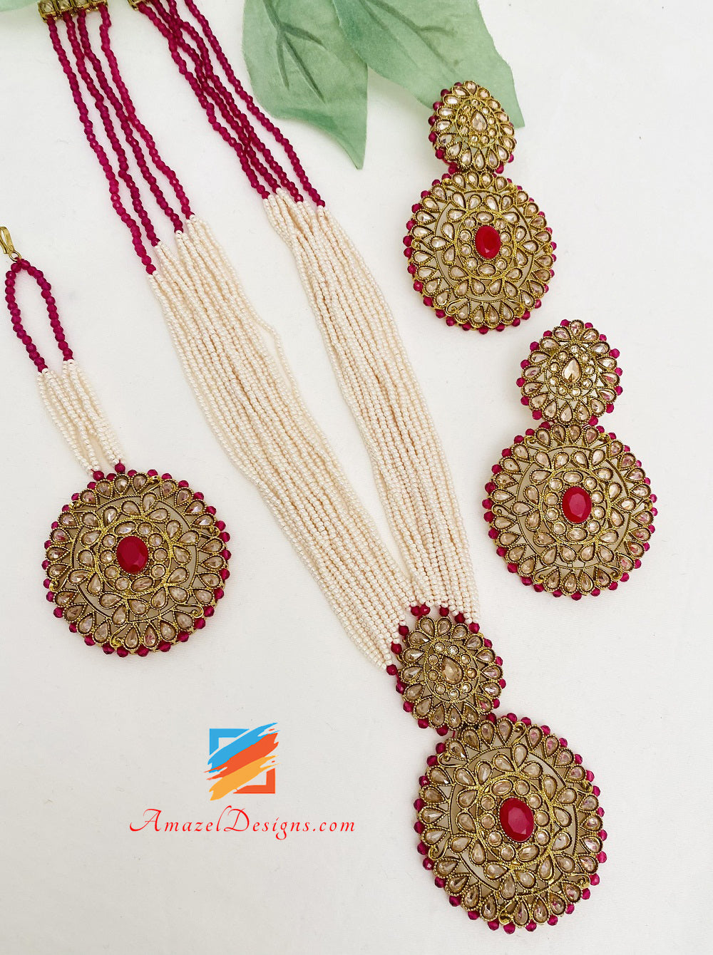 Long Mala Rani Haar Hot Pink Magenta Polki Earrings Tikka Set