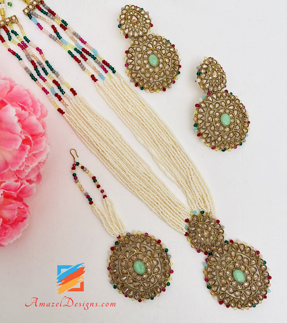 Lange Mala Rani Haar Polki Bunte Ohrringe Tikka Set