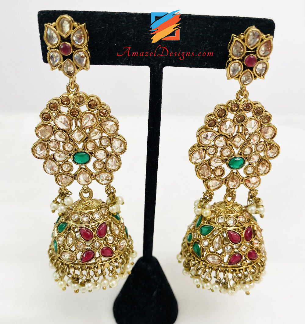 Long Multicoloured Polki Haar With Jhumki Style Earrings And Tikka Set