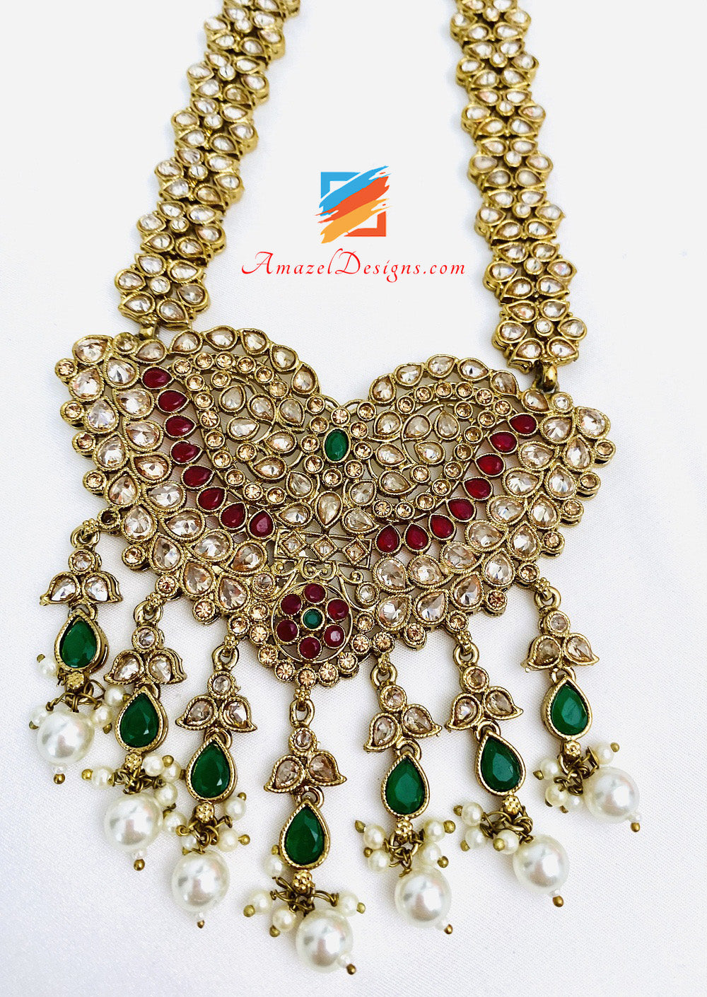 Haar Lungo Polki Multicolore Con Orecchini Stile Jhumki E Set Tikka