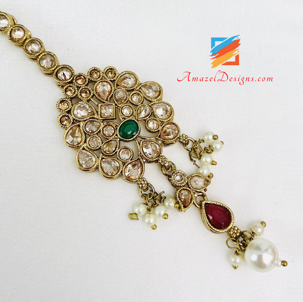 Haar Lungo Polki Multicolore Con Orecchini Stile Jhumki E Set Tikka