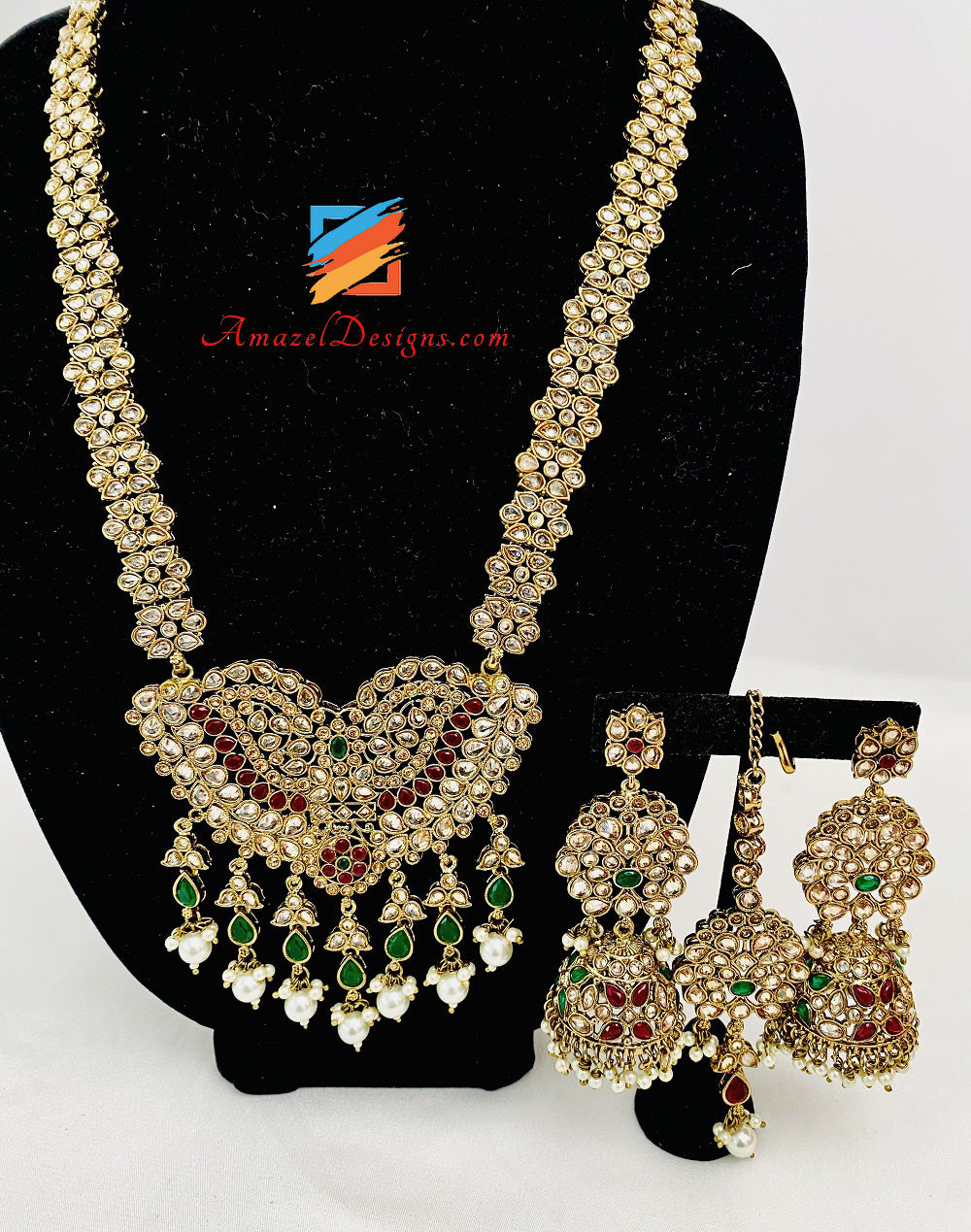 Haar Lungo Polki Multicolore Con Orecchini Stile Jhumki E Set Tikka