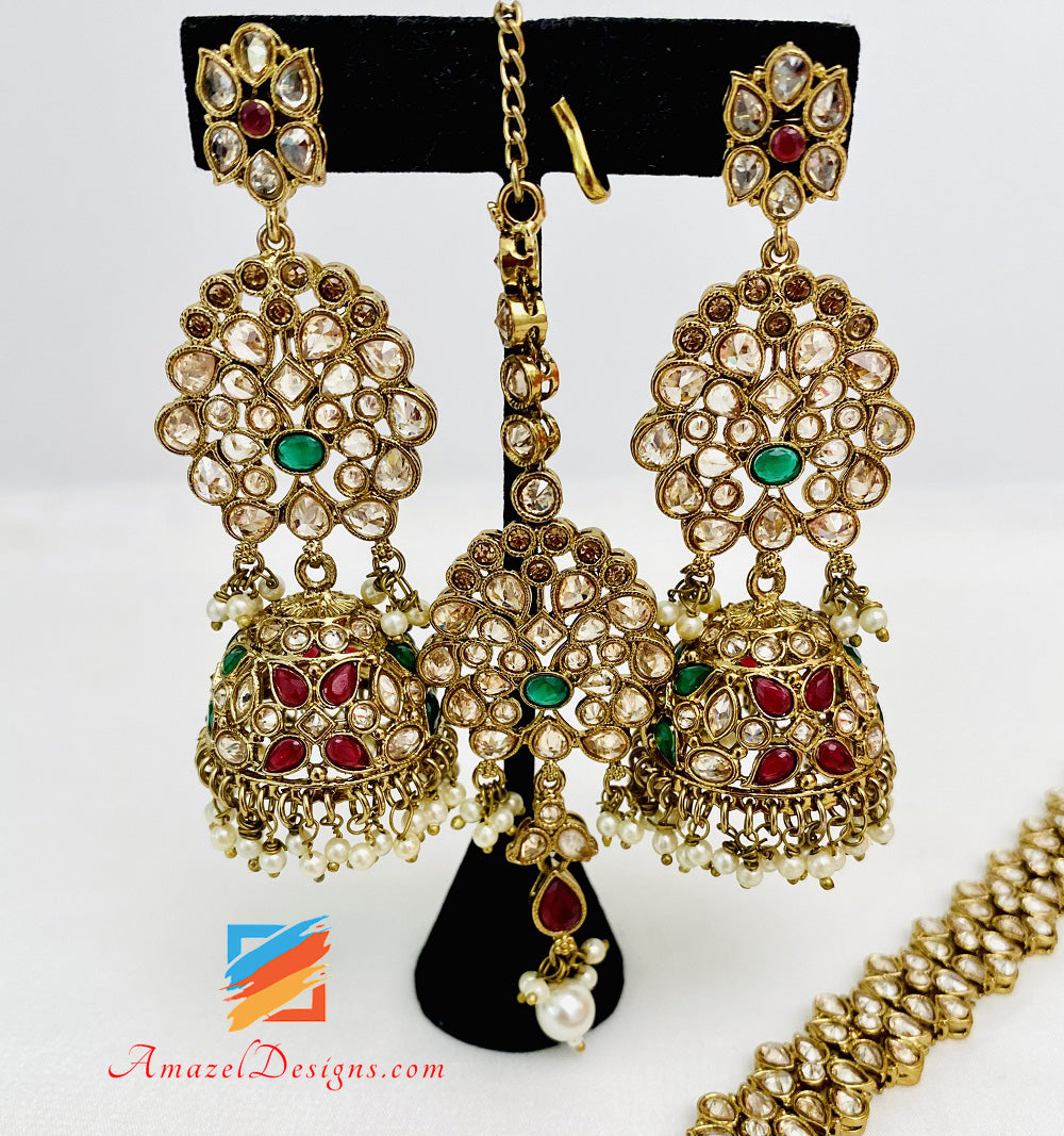 Haar Lungo Polki Multicolore Con Orecchini Stile Jhumki E Set Tikka