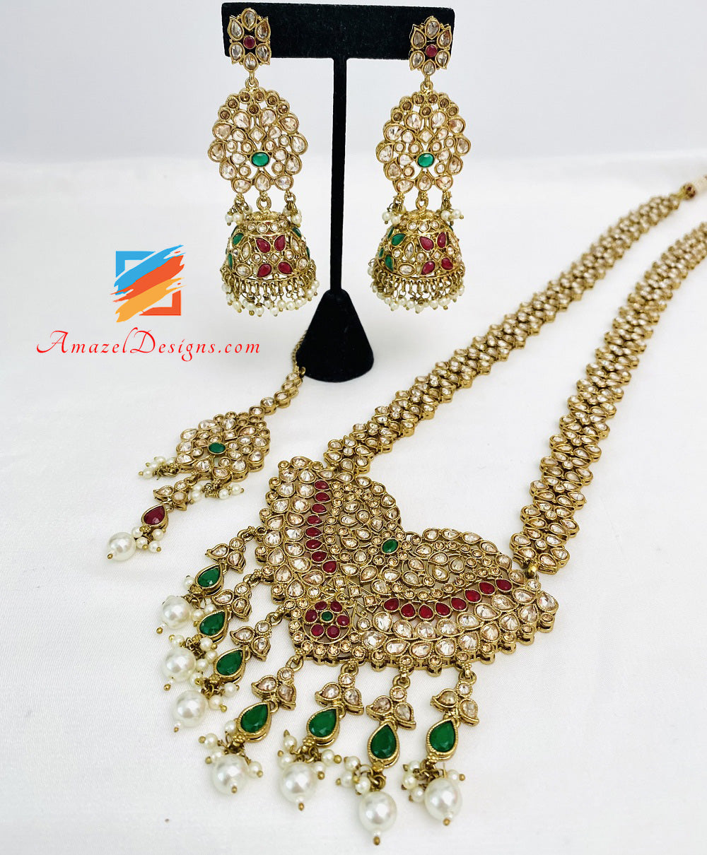 Haar Lungo Polki Multicolore Con Orecchini Stile Jhumki E Set Tikka